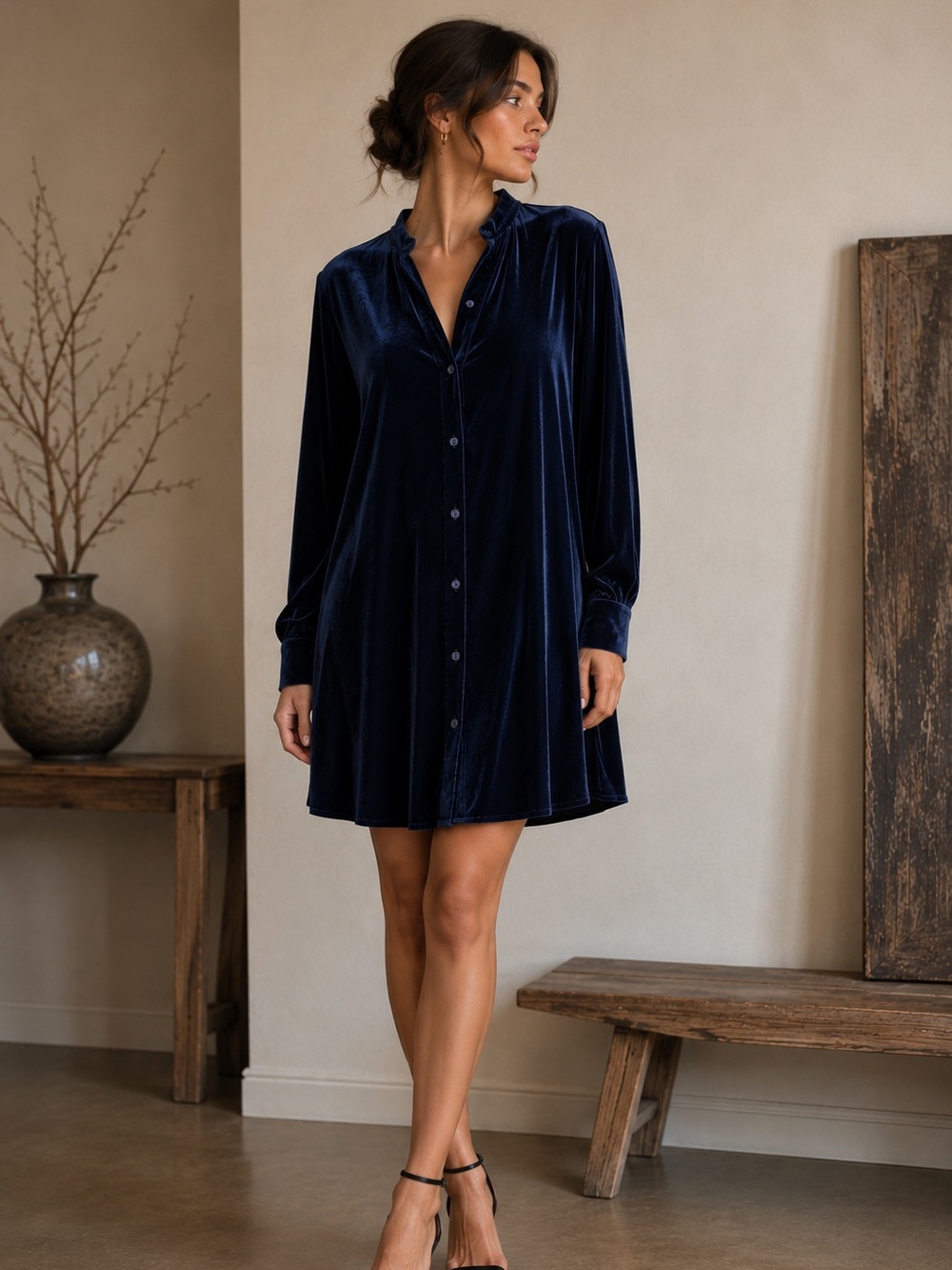 Eileen Fisher Blue Velvet Tunic/Shirt/ mini dress Size S rayon/silk